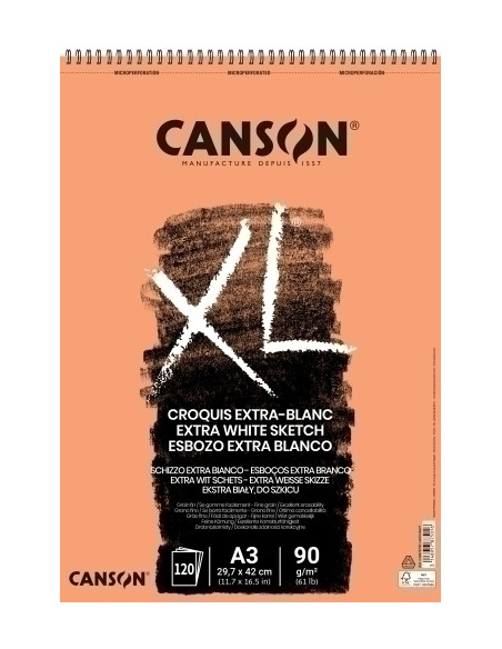 BLOC DE DIBUJO CANSON XL CROQUIS EXTRA BLANCO CON ESPIRAL GRANO FINO A3 90g 120h