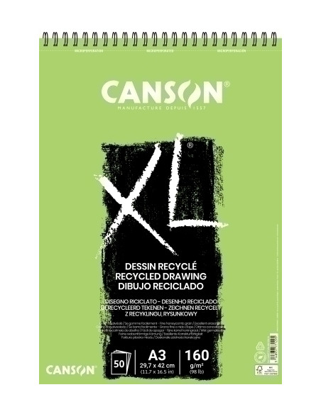 BLOC DE DIBUJO CANSON XL RECICLADO CON ESPIRAL GRANO FINO ALVEOLADO A3 160g 50h