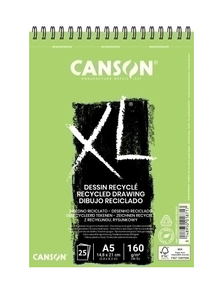 BLOC DE DIBUJO CANSON XL RECICLADO CON ESPIRAL GRANO FINO ALVEOLADO A5 160g 25h