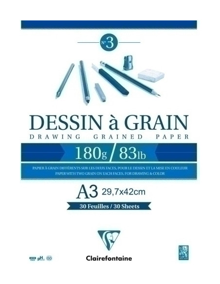 BLOC DE DIBUJO CLAIREFONTAINE DESSIN A GRAIN ENCOLADO BLANCO CON GRANO A3 180g 30h
