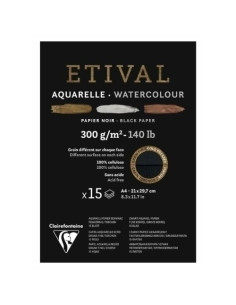 BLOC DE DIBUJO CLAIREFONTAINE ETIVAL ACUARELA ENCOLADO NEGRO DOBLE GRANO FINOGRUESO A4 300g 15h