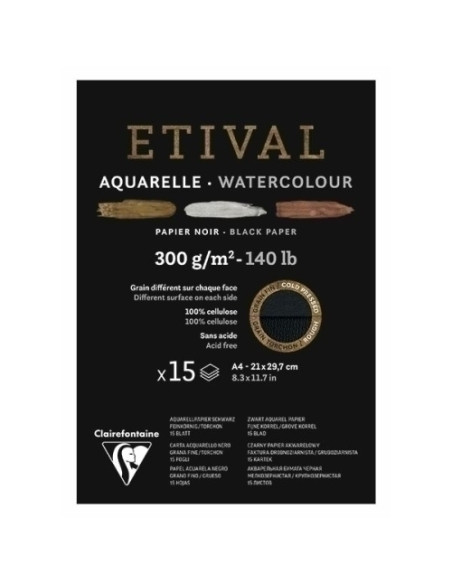 BLOC DE DIBUJO CLAIREFONTAINE ETIVAL ACUARELA ENCOLADO NEGRO DOBLE GRANO FINOGRUESO A4 300g 15h