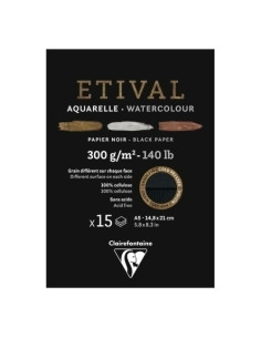 BLOC DE DIBUJO CLAIREFONTAINE ETIVAL ACUARELA ENCOLADO NEGRO DOBLE GRANO FINOGRUESO A5 300g 15h