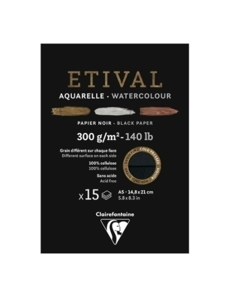 BLOC DE DIBUJO CLAIREFONTAINE ETIVAL ACUARELA ENCOLADO NEGRO DOBLE GRANO FINOGRUESO A5 300g 15h
