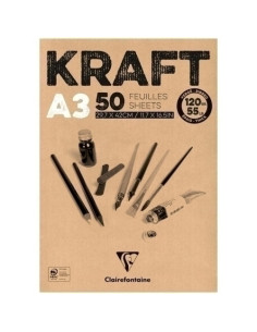 BLOC DE DIBUJO CLAIREFONTAINE KRAFT ENCOLADO MARRON VERJURADO A3 120g 50h
