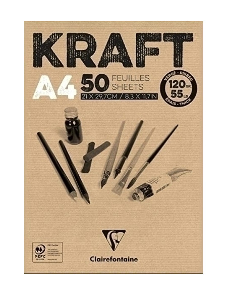 BLOC DE DIBUJO CLAIREFONTAINE KRAFT ENCOLADO MARRON VERJURADO A4 120g 50h