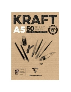 BLOC DE DIBUJO CLAIREFONTAINE KRAFT ENCOLADO MARRON VERJURADO A5 120g 50h