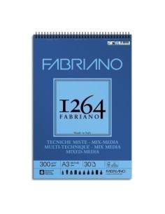 BLOC DE DIBUJO FABRIANO 1264 MIX MEDIA CON ESPIRAL GRANO NATURAL TECNICAS MIXTAS A3 300g 30h