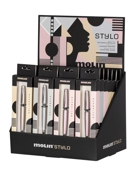 BOLIGRAFO MOLIN STYLO EXPOSITOR DE 24 12x oro metalizado 12x plata metalizado