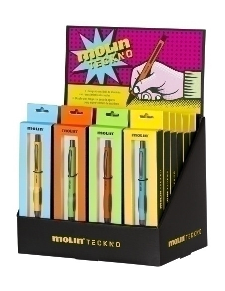 BOLIGRAFO MOLIN TECKNO EXPOSITOR DE 24 6x naranja 6x amarillo 6x verde 6x azul