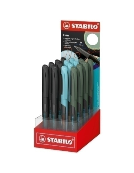BOLIGRAFO STABILO FLOW 05 SURTIDO EXPOSITOR DE 16 tinta azul 6x negro 5x bosque 5x azul purista