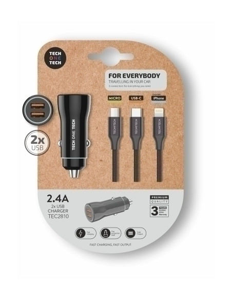 CARGADOR TECH-ONE-TECH DOBLE MECHERO COCHE 2xUSB NEGRO  CABLE TRIPLE MICRO-USB LIGHTNING USB-C