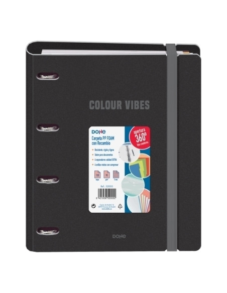 CARPEBLOC DOHE COLOUR VIBES A4 POLYFOAM 4 ANILLAS MIXTAS 35 mm con RECAMBIO 100hj 90gr CUADRIC5x5 NEGRO
