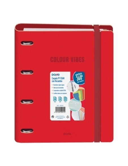 CARPEBLOC DOHE COLOUR VIBES A4 POLYFOAM 4 ANILLAS MIXTAS 35 mm con RECAMBIO 100hj 90gr CUADRIC5x5 ROJO