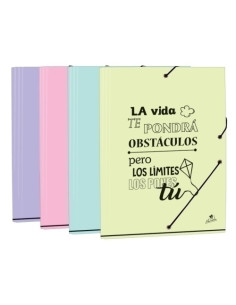 CARPETA de GOMAS y SOLAPAS MARIOLA PASTEL CON FRASES CARTON F SURTIDO SERIE COLE N1 EXPOSITOR DE 24