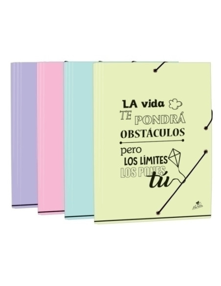 CARPETA de GOMAS y SOLAPAS MARIOLA PASTEL CON FRASES CARTON F SURTIDO SERIE COLE N1 EXPOSITOR DE 24