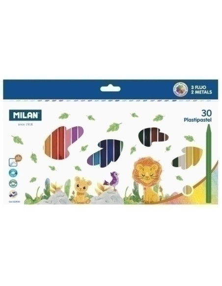CERAS MILAN PLASTIPASTEL REDONDOS CAJA de 30 3 colores fluor y dos metal