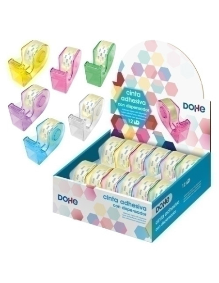 CINTA ADHESIVA rollo 18x20 con DISPENSADOR EXPOSITOR de 12