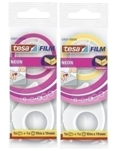 CINTA TESAFILM NEON SURTIDO rollo 10x19 con MINI PORTARROLLO