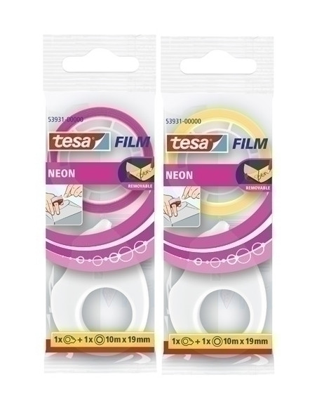 CINTA TESAFILM NEON SURTIDO rollo 10x19 con MINI PORTARROLLO