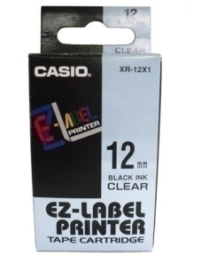 CINTA de ROTULAR CASIO 8m 12mm NEGRO sobre TRANSPARENTE XR-12X1