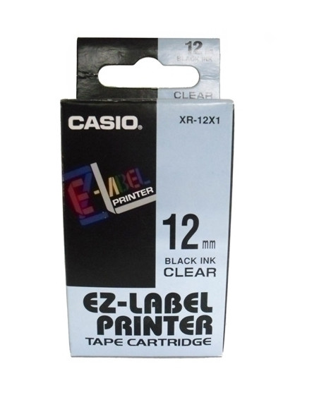 CINTA de ROTULAR CASIO 8m 12mm NEGRO sobre TRANSPARENTE XR-12X1