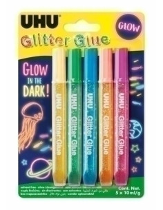 COLA GLITTER GLUE UHU BOTE de 10ml GLOW COLORES SURTIDOS BLISTER de 5