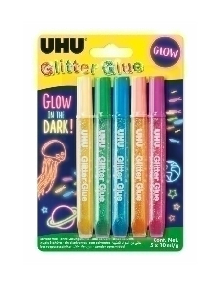 COLA GLITTER GLUE UHU BOTE de 10ml GLOW COLORES SURTIDOS BLISTER de 5