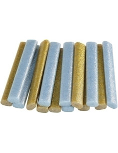 COLA TERMOFUSIBLE en BARRA RAPID OVALADA PARA BAJA TEMPERATURA blister de 16 PURPURINA ORO Y PLATA