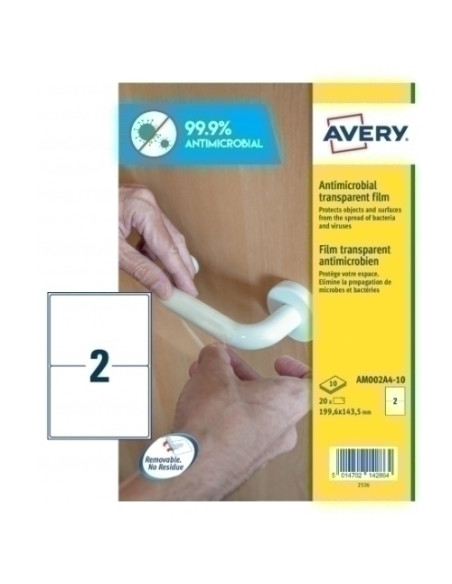 ETIQUETAS ADHAVERY A4 POLYESTER ANTIBACTERIANA Y ANTIMICROBIANA REMOVIBLE CAJA 10h 1996x1435 mm 20 udsAM002A4
