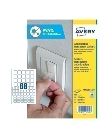 ETIQUETAS ADHAVERY A4 POLYESTER ANTIBACTERIANA Y ANTIMICROBIANA REMOVIBLE CAJA 10h CUADRADOS SURTIDO 3x3-2x2-2x15 680 udsAM00SA4
