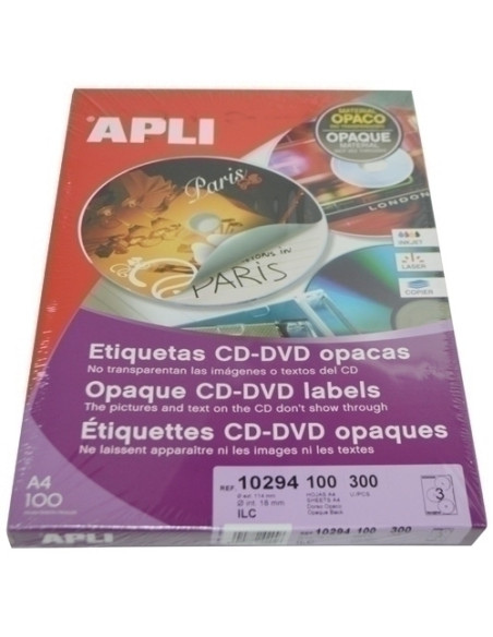 ETIQUETAS ADHIMPRAPLI A4 MULTIMEDCD-DVD MEGA CAJA 100h DORSO OPACO Ø ext114 e int18 mm 300 uds10294