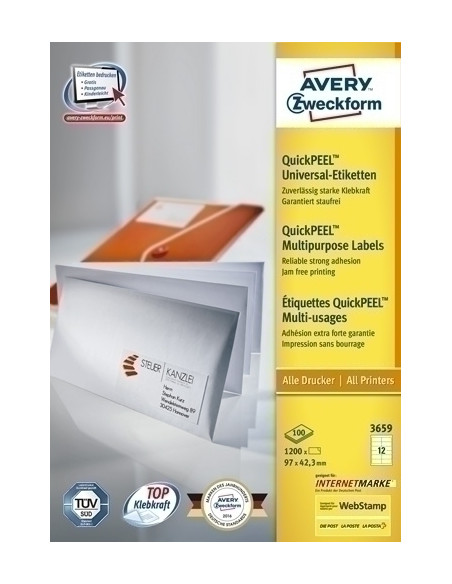 ETIQUETAS ADHIMPRAVERY A4 BLANCA CRECTOS CAJA 100h  97x423 mm 1200 uds3659