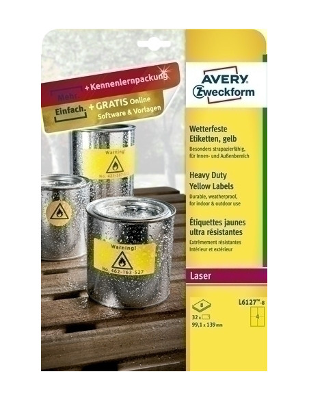 ETIQUETAS ADHIMPRAVERY A4 POLYESTER AMARILLO CROMOS LASER CAJA 8h 991x139 mm 32 udsL6127