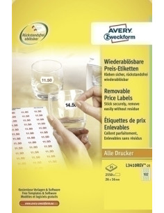 ETIQUETAS de PRECIOS AVERY ADHREMOVIBLE A4 BLANCA CAJA 25h 26x16 mm 2550 udsL3410REV