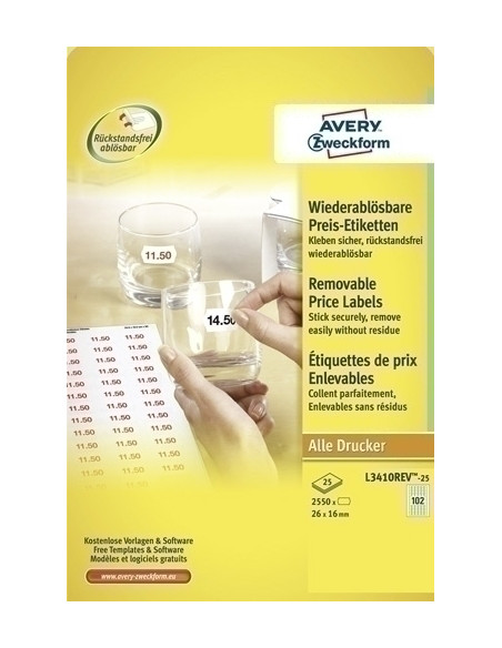 ETIQUETAS de PRECIOS AVERY ADHREMOVIBLE A4 BLANCA CAJA 25h 26x16 mm 2550 udsL3410REV
