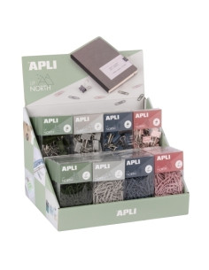 EXPOSITOR APLI OFFICE UP NORTH COLLECTION 16x CLIPS 28mm C140u 4 col Surt 16x PINZAS DE PALA 19mm C14u 4 col Surt