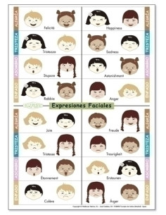 FICHAS  KLUGER EXPRESIONES FACIALES en varios idiomas PACK DE 5