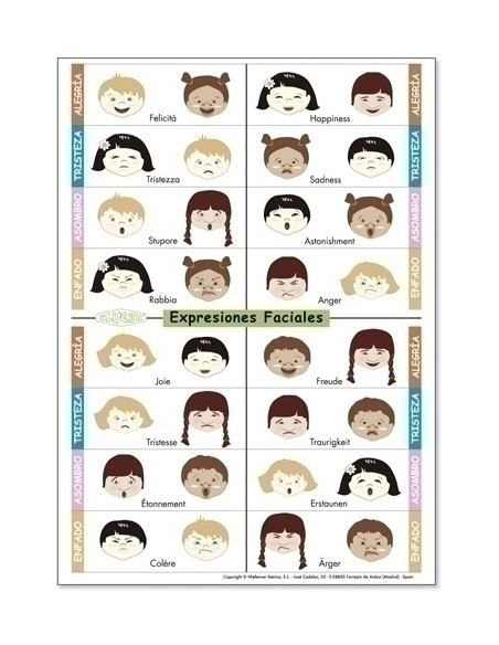 FICHAS  KLUGER EXPRESIONES FACIALES en varios idiomas PACK DE 5