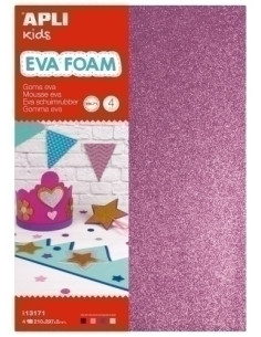 GOMA EVA  APLI HOJA 20x30 cm PURPURINA 4 hojas BLANCO NEGRO ROSA Y AZUL