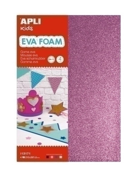GOMA EVA  APLI HOJA 20x30 cm PURPURINA 4 hojas BLANCO NEGRO ROSA Y AZUL