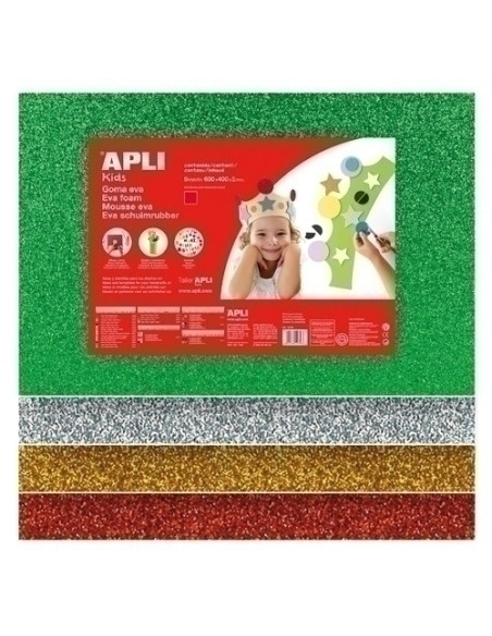 GOMA EVA  APLI HOJA 40x60 cm PURPURINA 5 hojas ORO PLATA VERDE AZUL Y ROJO