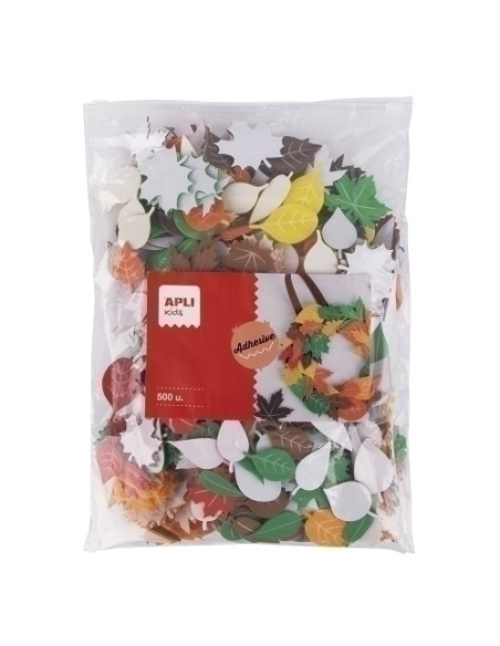 GOMA EVA APLI FORMAS ADHESIVAS HOJAS BOLSA de 500 16 FORMAS SURTIDAS DE 3-5cm