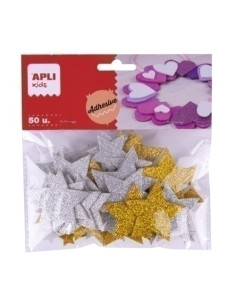 GOMA EVA APLI FORMAS ADHESIVAS con PURPURINA ESTRELLAS ORO Y PLATA BOLSA de 50