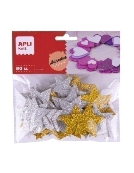 GOMA EVA APLI FORMAS ADHESIVAS con PURPURINA ESTRELLAS ORO Y PLATA BOLSA de 50