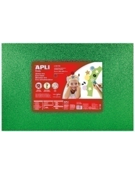 GOMA EVA APLI HOJA 40x60 cm PURPURINA VERDE PAQUETE de 3