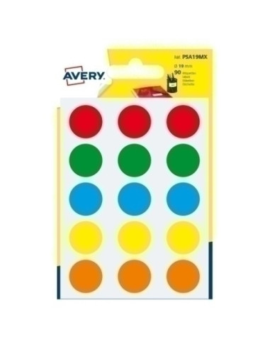 GOMETS AVERY  BOLSA 6h REDONDOS Ø 19 mm col SURTIDOS 90 uds
