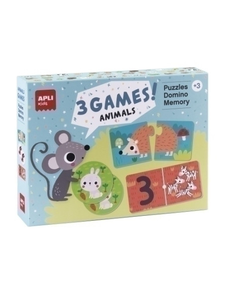 JUEGO EDUCATIVO APLI KIDS PUZLE DOMINO Y MEMORY 3 EN 1 ANIMALES