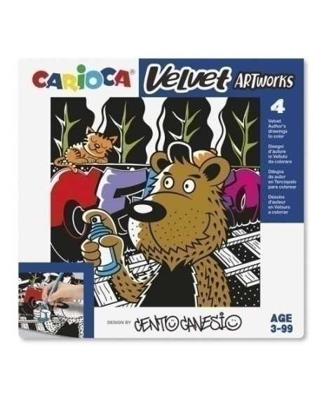 JUEGO EDUCATIVO CARIOCA VELVET ARTWORKS 3 AÑOS TERCIOPELO PARA COLOREAR CENTO GRAFFITI  SET DE 4 LAMINAS