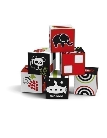 JUEGO MINILAND FIRST SENSES SET 6 CUBOS APLIABLES TEXTURA ESPONJOSA Y CON SONAJERO 0-18 MESES